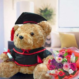 13 inches Graduation Bear with Artificial Roses Hand Bouquet