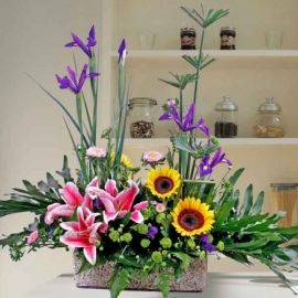 Iris, Sunflowers & Pink Lilies Table Arrangement