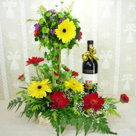 Mixed Gerberas Arrangement with Wine in a basket 