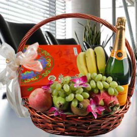 Single Yolk Mooncake, Champagne and Fresh Fruits Corporate Gift Basket 