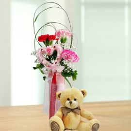 18cm Bear With 3 Mixed Carnations Standing Bouquet