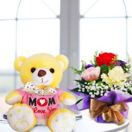 (mom i love u) 20cm Bear & 3 Mixed Carnations Standing Bouquet