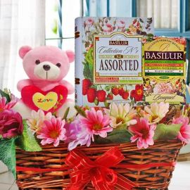 Tea x 2 Tins, Bear & Artificial Flowers Gift Basket