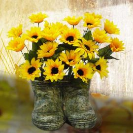 Silk Flower Arrangement with Sunflowers in a Boot Vase.