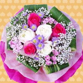 3 Hot Pink 3 White Roses HandBouquet