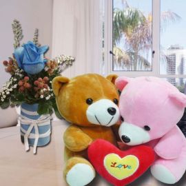 15cm Couple Bear With Blue Rose Standing Bouquet