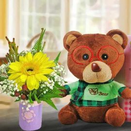 Yellow Gerbera and 6 Inches Bear with Voice Recorder (12 Seconds