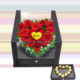 12 Red roses (with heart-shape Tag at center) & 12 Rocher in the drawer