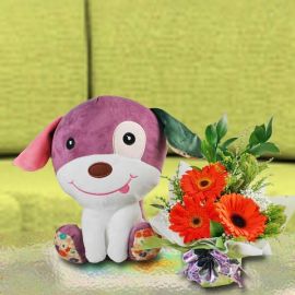 30cm Plush Toy Puppy & 3 Orange Gerbera Flower Standing Bouquet