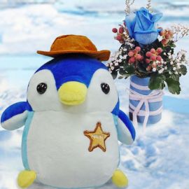 18cm Penguin with Blue Rose Bouquet