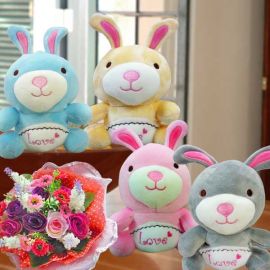 16cm Bunny ( One Only ) & Artificial Flowers Bouquet.