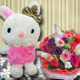20 cm Bunny with Artificial Roses Bouquet