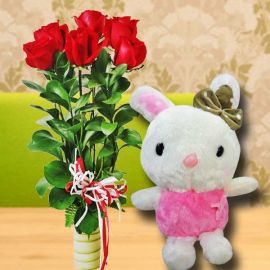 20cm Bunny With 6 Red Roses Standing Bouquet