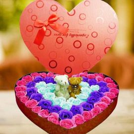 Soap Roses & 2 Mini Bear In Heart-Shape Box