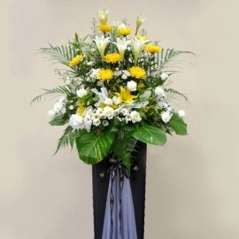 White Lily, Chrysanthemum yellow & White roses arrangement on Bo 
