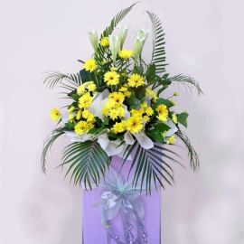 5 Lily and Yellow Gerbera on Box Stand 6' height