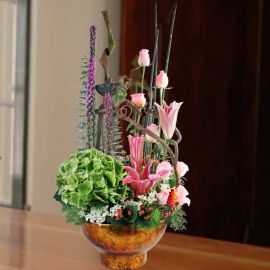 Green Hydrangeas, Lilies & Roses Table Arrangement.