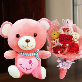 3 Mini Bears & Artificial Red Rose Bouquet With 30cm Love Bear