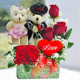 Wedding Bear 5" & 3 red roses small arrangement