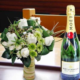 Moet & Chandon Brut Imperial Champagne & White Roses Standing Bouquet