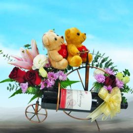 Red Wine & Mixed Flowers Arrangement With Bears On Metal Bicycle