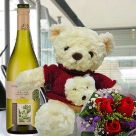 3 Red Roses With 12" Red Sweater Teddy Bear & European White Wine