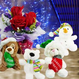 4 X'Mas Stuffed Toys With Roses Standing Bouquet