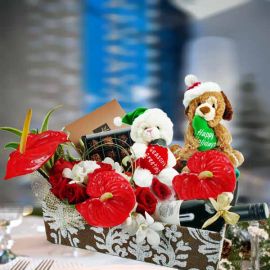 Christmas Flower and Wine Gift Basket 